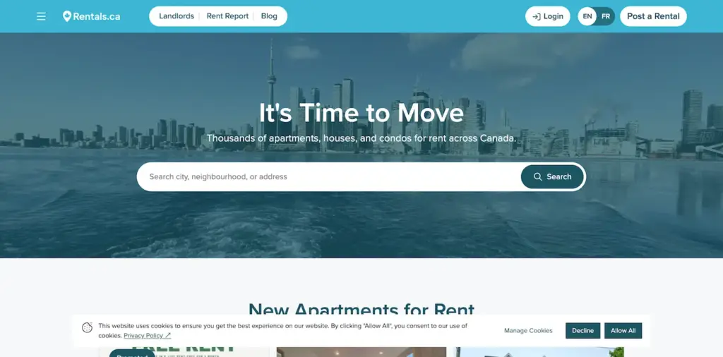 rentals.ca rental website hommepage