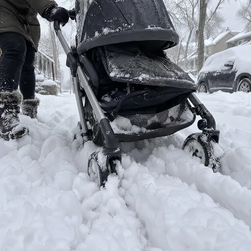 Tiny stroller wheels hopelessly wedged in a foot of unplowed neighbourhood snow