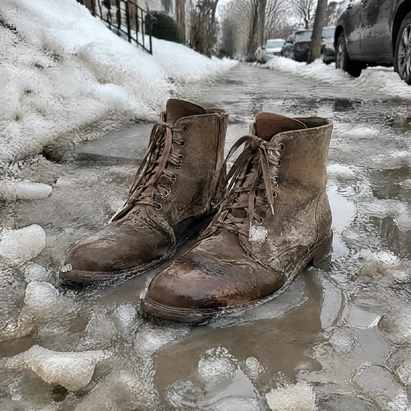 A pair of cute but completely soaked suede boots sitting in a deep puddle of grey neighbourhood slush