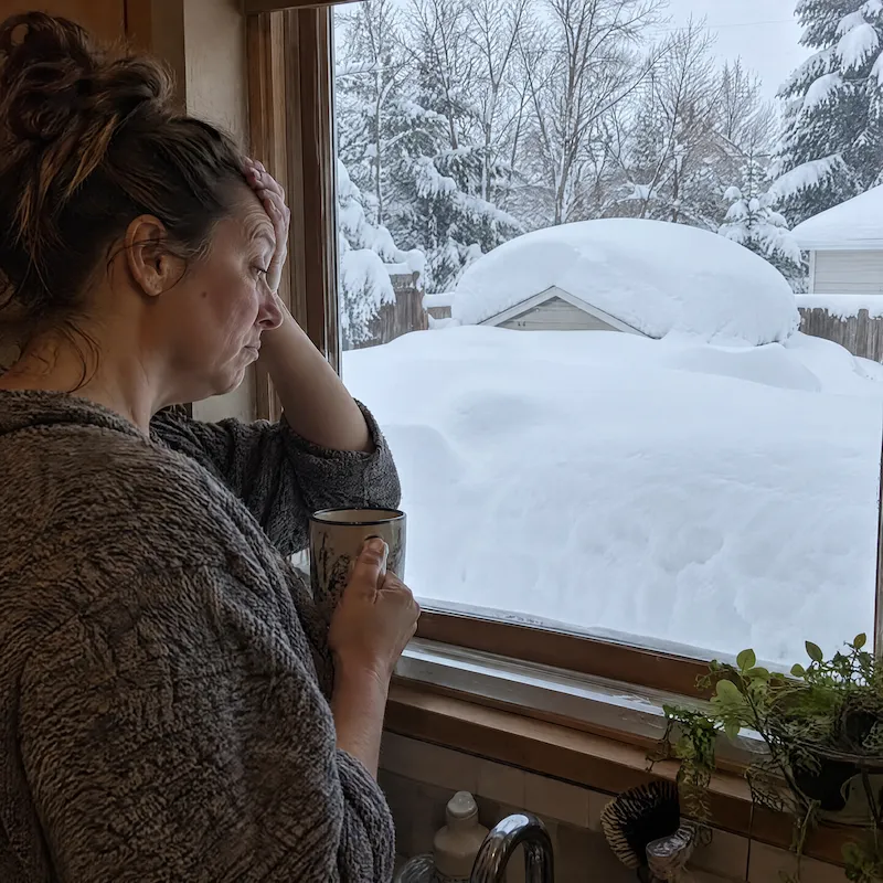 humorous photo of someone staring helplessly out their back window at a shed completely buried behind several feet of snow