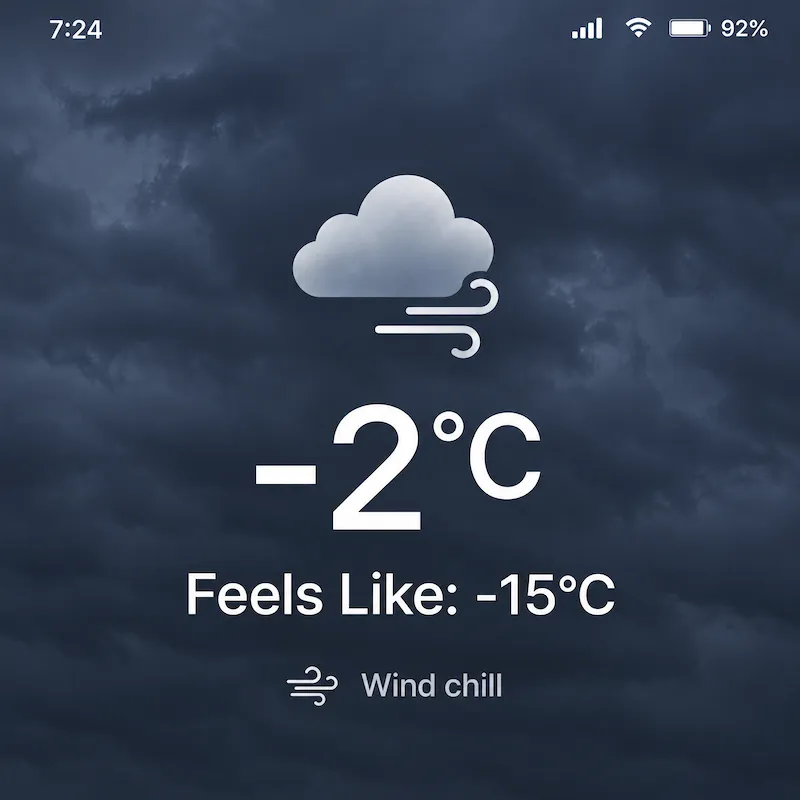 screenshot of a weather app showing -2°C but with a clear "Feels Like: -15°C" wind chill reading