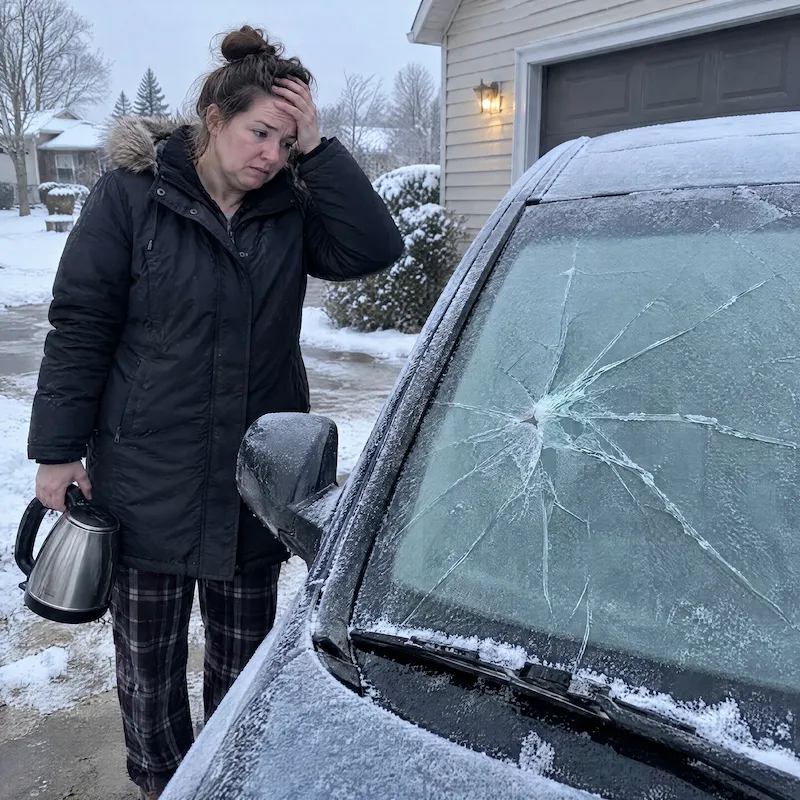 someone holding a kettle beside a frosted car with an expression of deep regret.